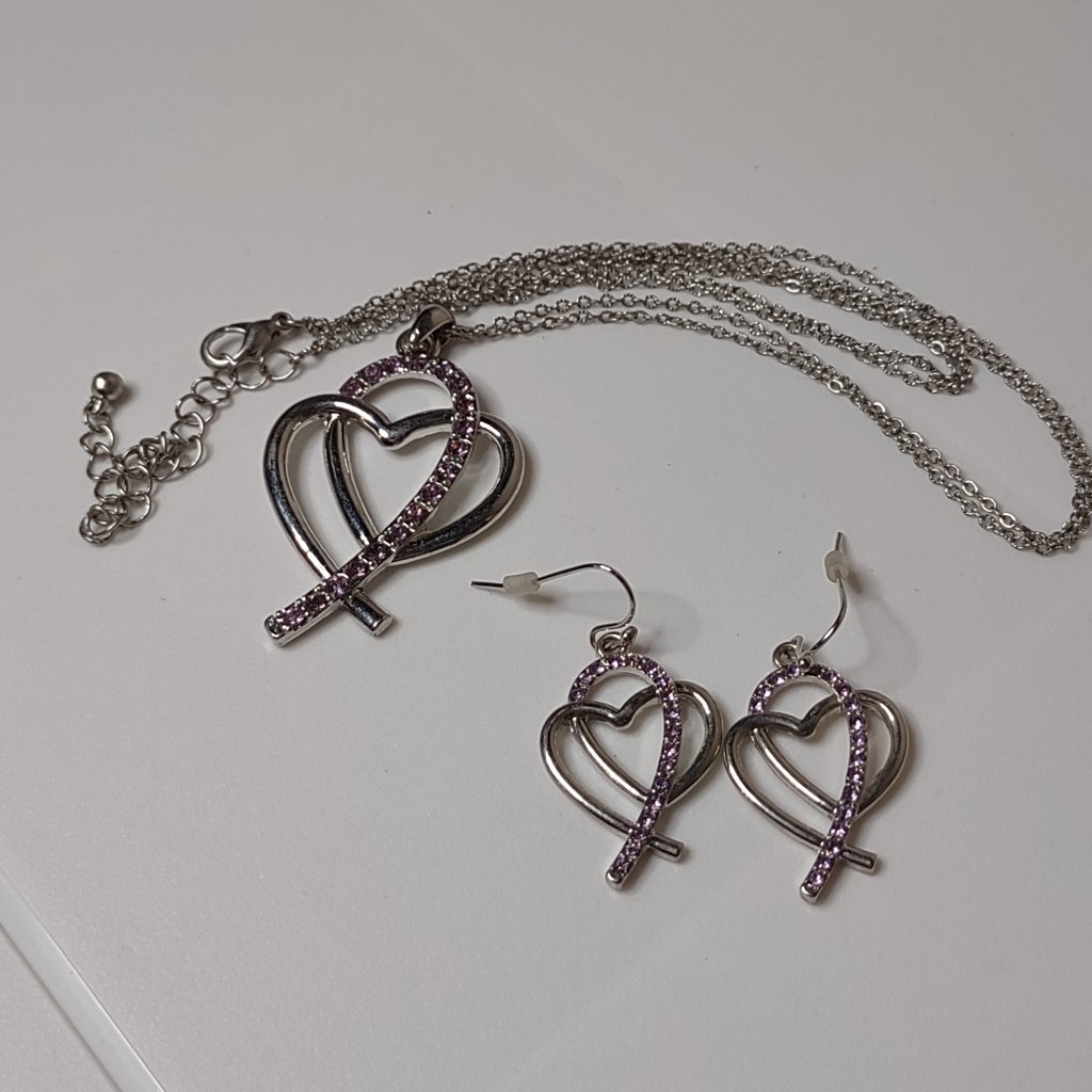 Silver Tone And Purple Necklace And Earring Set